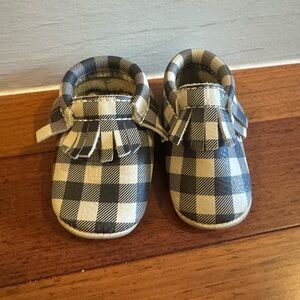 Checkered Kids Moccasins in Black and Cream